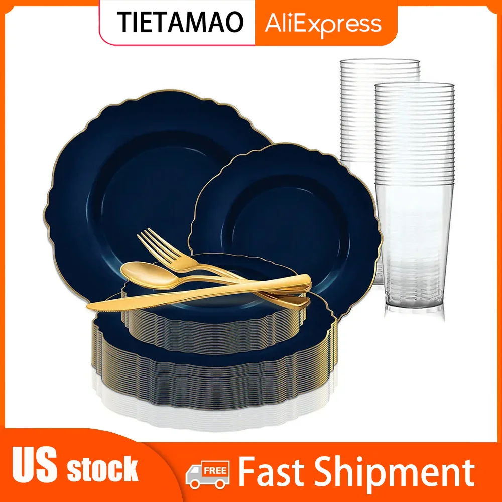 

Navy with Gold Rim Round Blossom Disposable Plastic Dinnerware Value Set (60 Settings) Rapid delivery in the United States