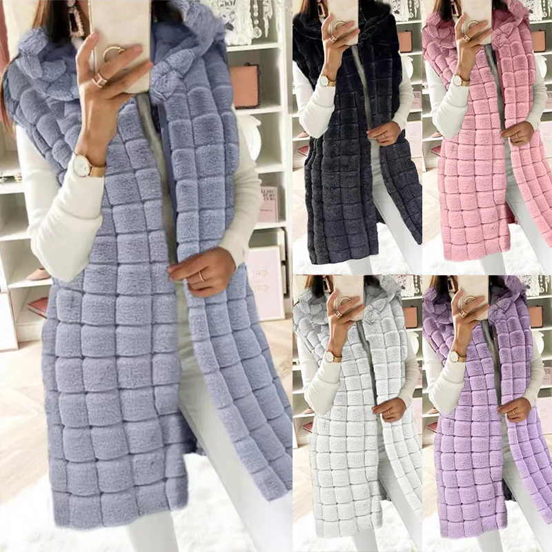 2023 New Autumn Winter Faux Fur Vest Women Sleeveless Jacket Fur Waistcoat Hooded Cardigan Luxury Long Vest Thick Warm Windproof