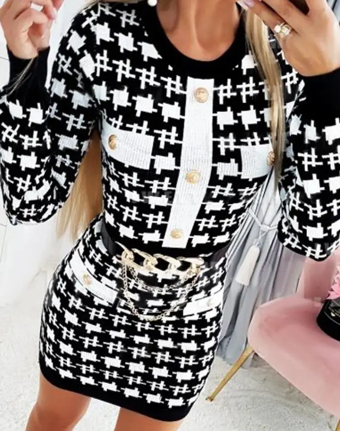

Elegant Women's Dresses 2022 Autumn Fashion Houndstooth Pattern Long Sleeve O-Neck Skinny Work Mini Dress Without Belt