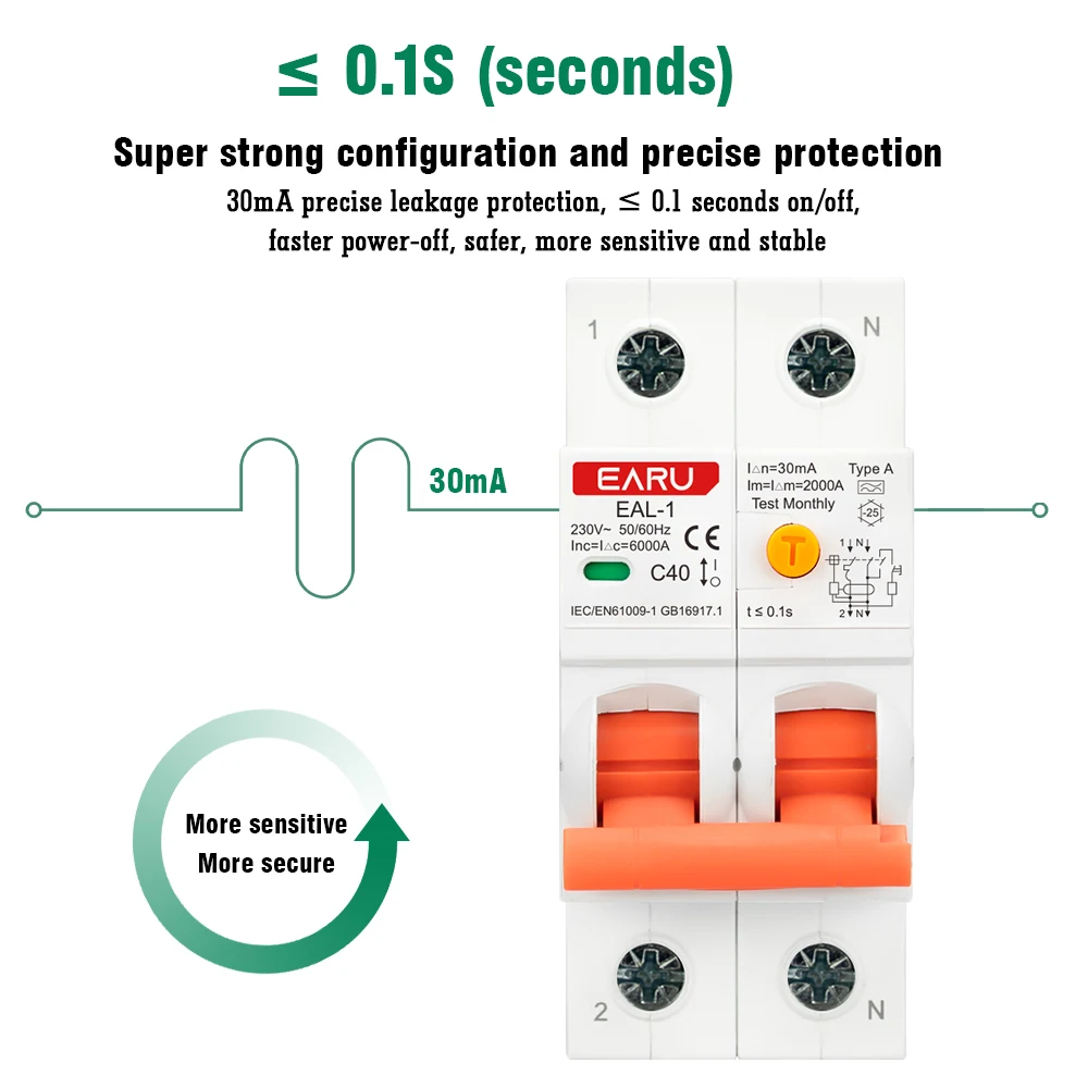 2P 30mA AC A B Type RCBO RCCB MCB Electronic Residual Current Circuit Breaker Ov