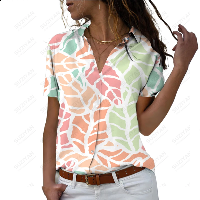 

Женская рубашка с коротким рукавом, в стиле ретро, с отложным воротником и пуговицами, одежда с 3D принтом, простая и повседневная, с цветочным принтом, большого размера, для лета