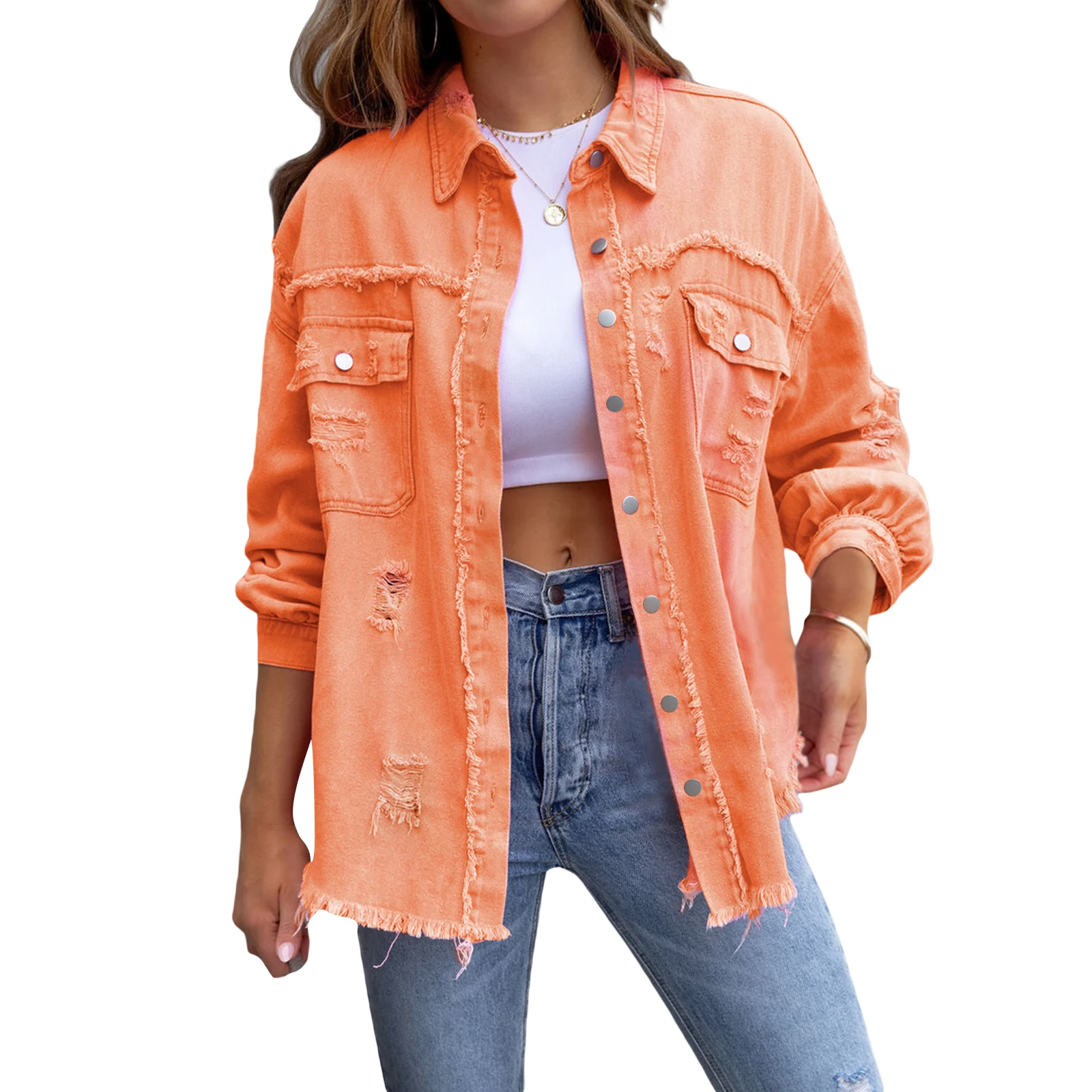 Giacca In Denim Effetto Consumato Donna – Jeans Cappotto Lungo Casual Per Primavera E Autunno