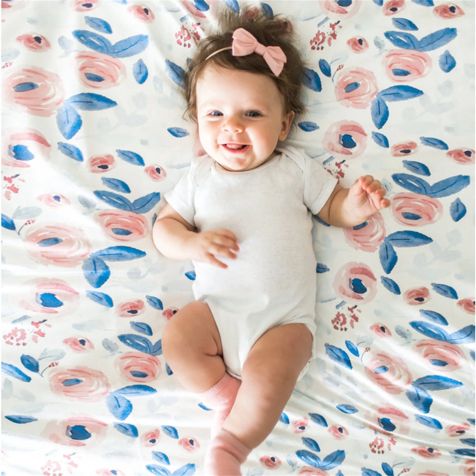 Infant Baby Swaddle Blanket Hat Set For Boy Girl With Floral Newborn Swaddle Receiving Blanket Headband Baby Bows 6-12 Months