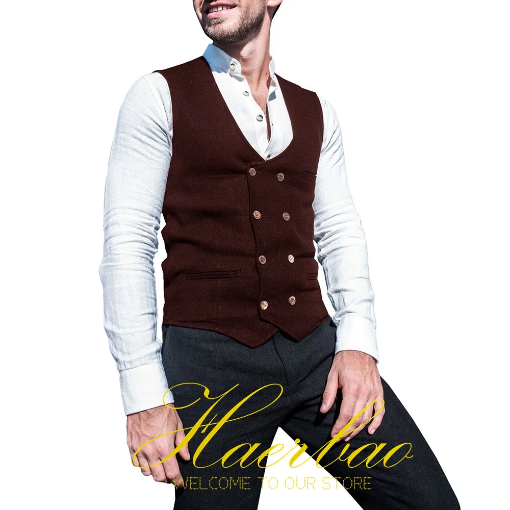 Mens Herringbone Vest Double Breasted Resting Sleeveless Jacket Formal Wedding Waistcoat Groom Party Waistcoat