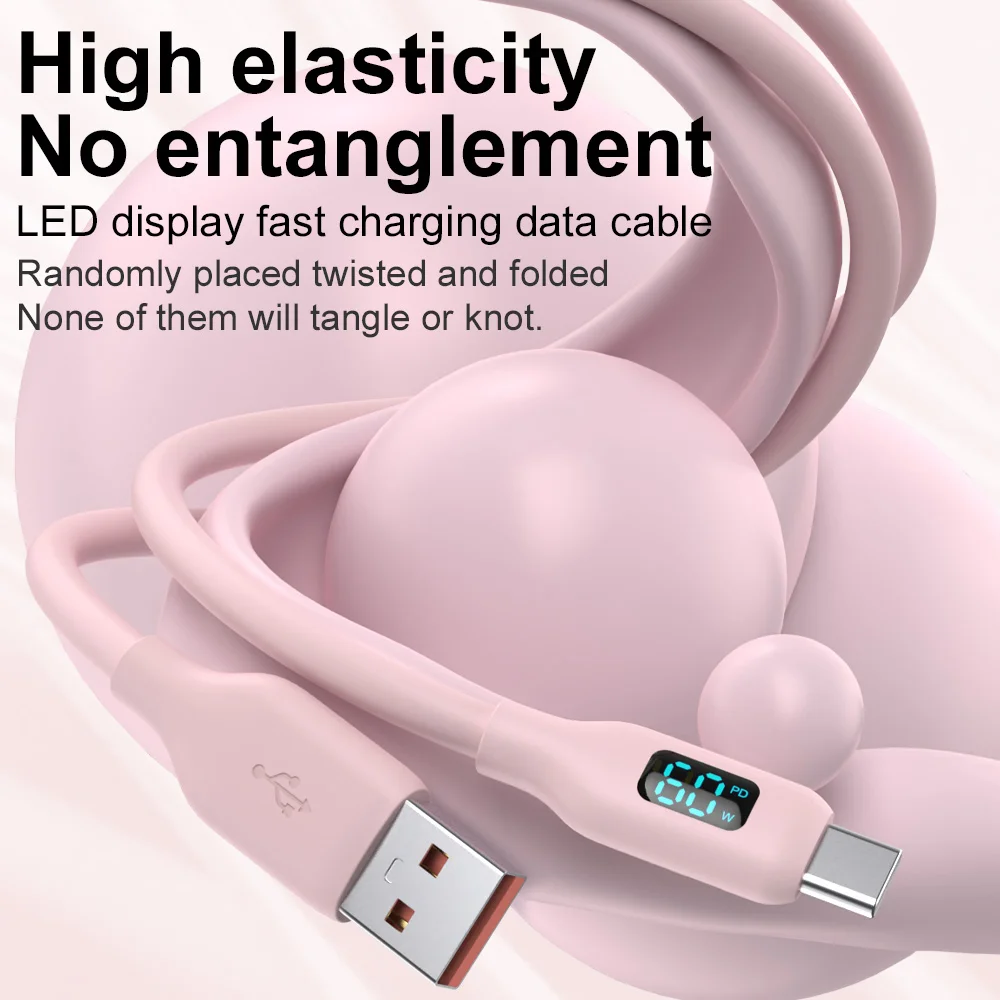 60W 고속 충전 USB A to USB C 케이블, 아이폰 17/16/15 ProMax, 아이패드, 에어팟 및 타입 C 태블릿용 유연한 핑크 실리콘 케이블