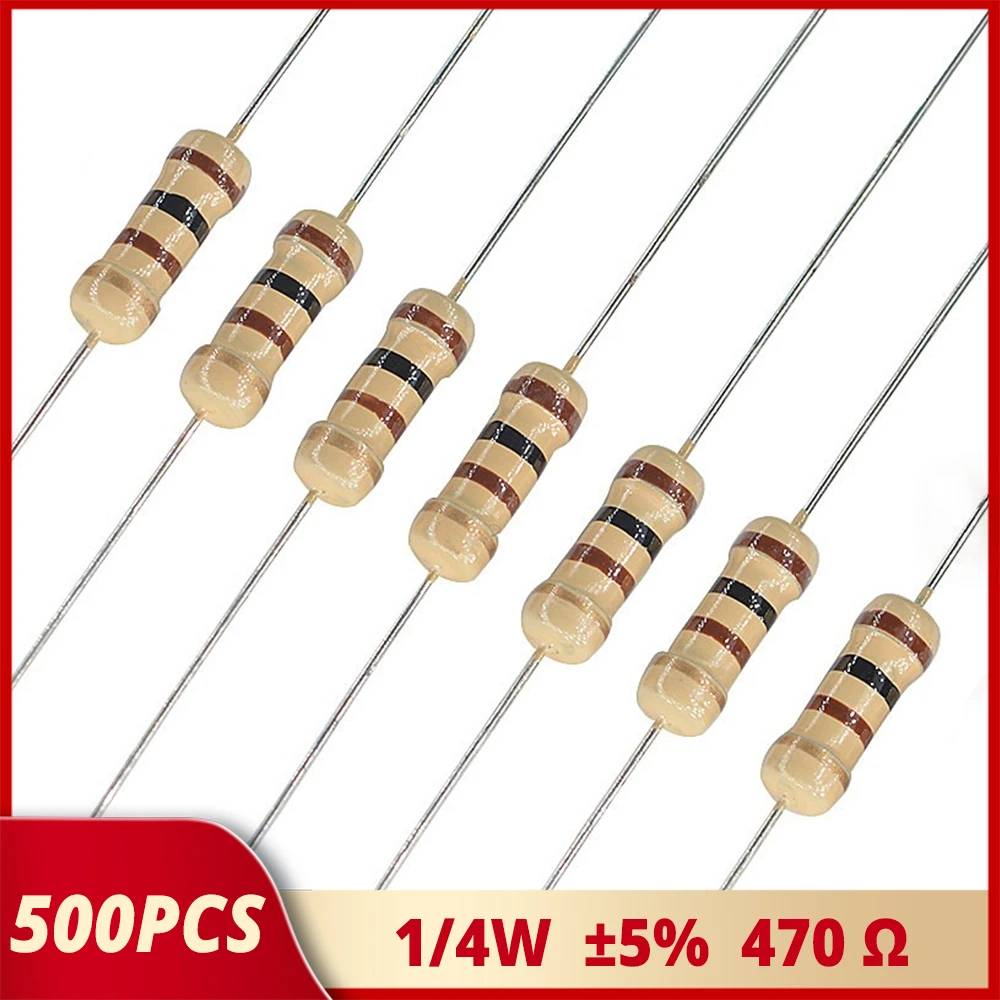 500Pcs 470 Ohm Resistors Cylinder Metal Film Low Power 1/4W Carbon Resistor 5% Ideal Filament for DC 12V COB DIY LEDs Lighting