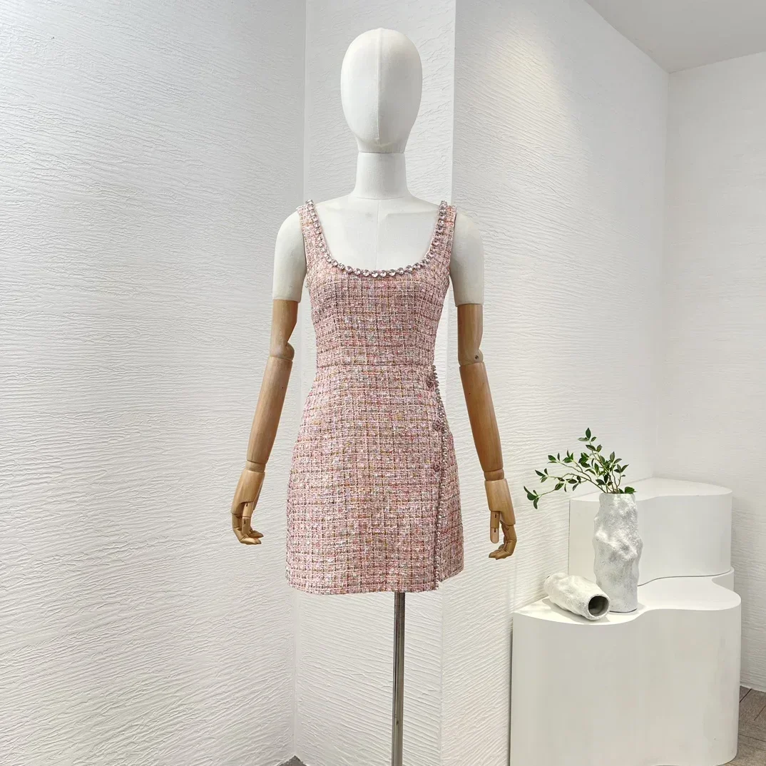 

New High Quality Spring Summer Pink Tweed Sequined Diamonds Scoop Neck Asymmetrical Hemline Women Mini Dress