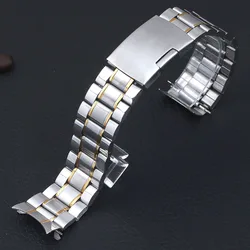 Premium Stainless Steel Watch Strap with Arc Curved Metal Ends - Unisex Bracelet Style - 22mm (Silver - Gold)