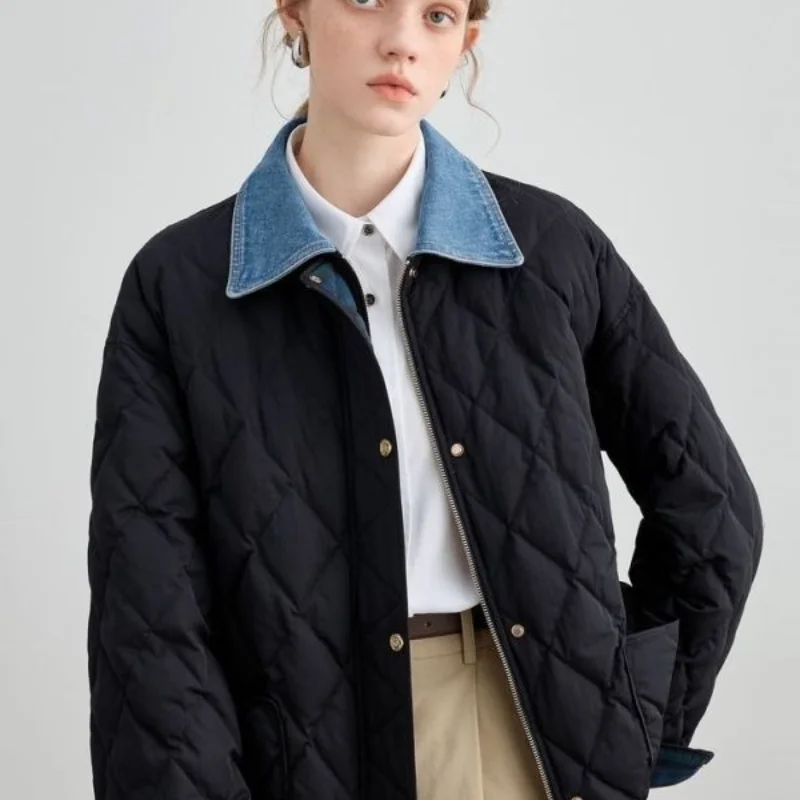 

Lapel Coat Female 2024 Autumn Winter New Style Small Fragrant Denim Patchwork Diamond Quilted Coat Female Baseball Jackets