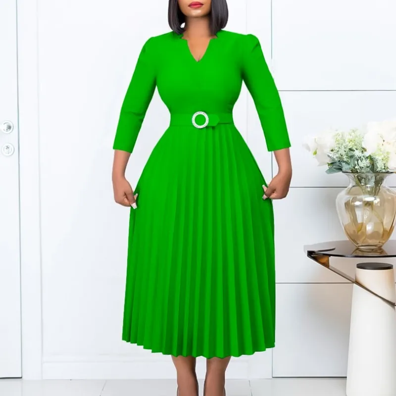 2023 Summer Elegant Africa Office Ladies V-neck 3/4 Sleeve Pleated Dress Evening Party Robe with Belt African Dresses for Women 2020 african women dress summer red office ladies plus size midi dresses fashion ethnic style 3xl retro party robe vestidos