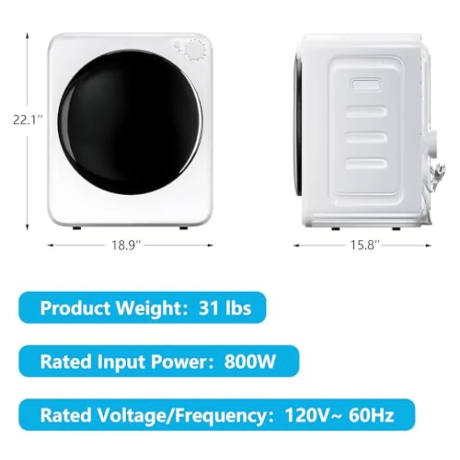 800W Electric Portable Clothes Dryer High End Laundry Front Load Tumble Dryer Machine with Stainless Steel Tub 5 Mode Simple Co