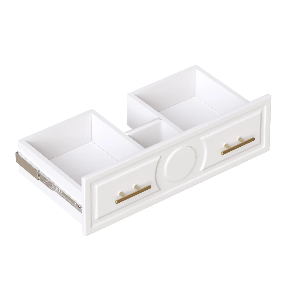 Freistehender weißer Badezimmerschrank mit Keramikwaschbecken & Metallgriffen, 3 Schubladen Retro-Waschtischunterschrank mit Soft-Close-Funktion – Detail 11