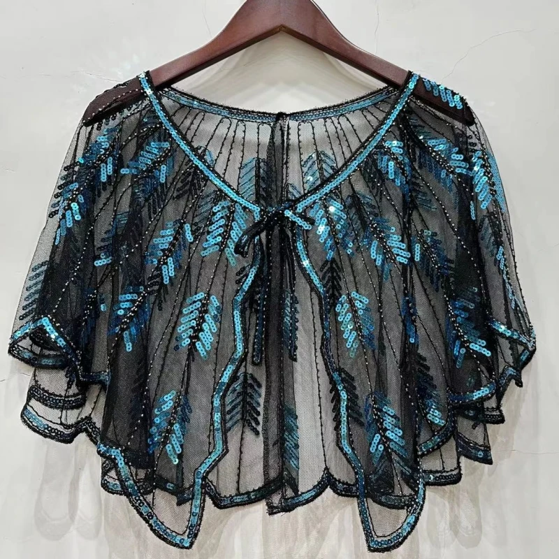 Retro 1920er Jahre Perlen Pailletten Schal Vintage Flapper Abend Cape Sheer Mesh Stickerei Blatt Frauen Bolero Party Zubehör – Detail 10