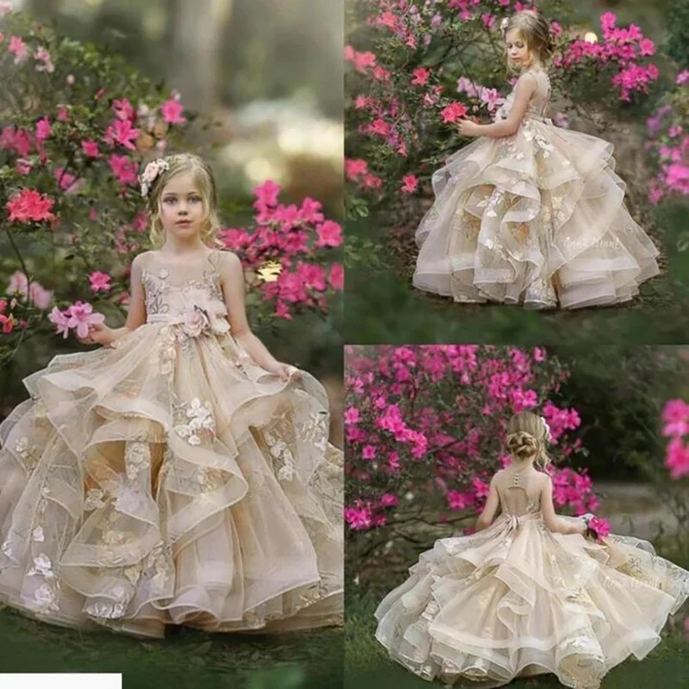 

Flower Girl Dresses with Sash Lace Appliques Custom Made Ball Gown First Communion Dresses for Girls Elegant Hot Sale