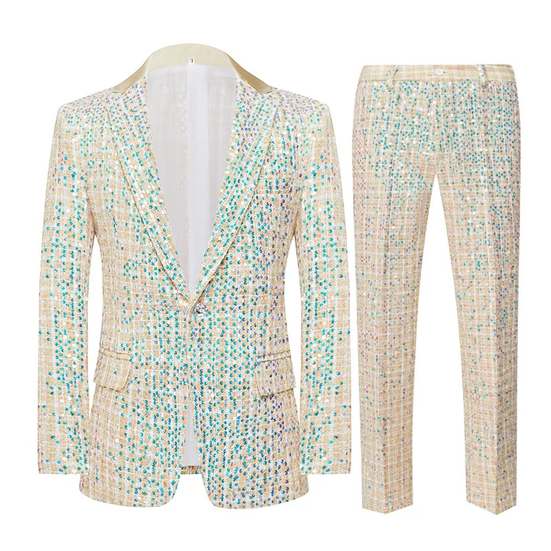 

Fashion Tweed Shiny Sequins Two Pieces Set Suits Men Stage Singer Costume Homme Wedding Prom Tuxedo Suits Men Suit (Jacket+Pants