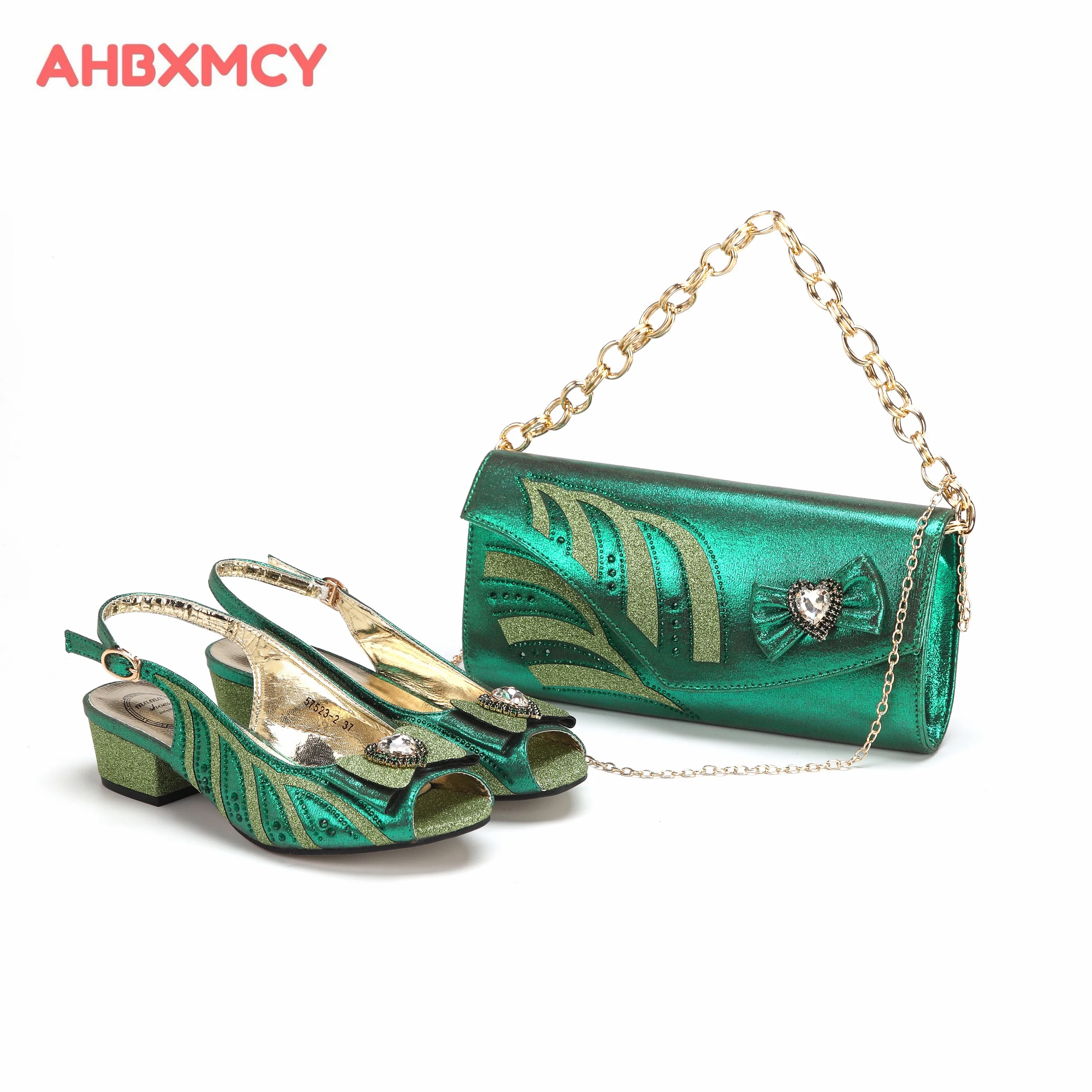 

2024 Green Color Low Heel Design Peep Toe Ladies Sandal Matching Bag Set For Nigerian Women Wedding Party