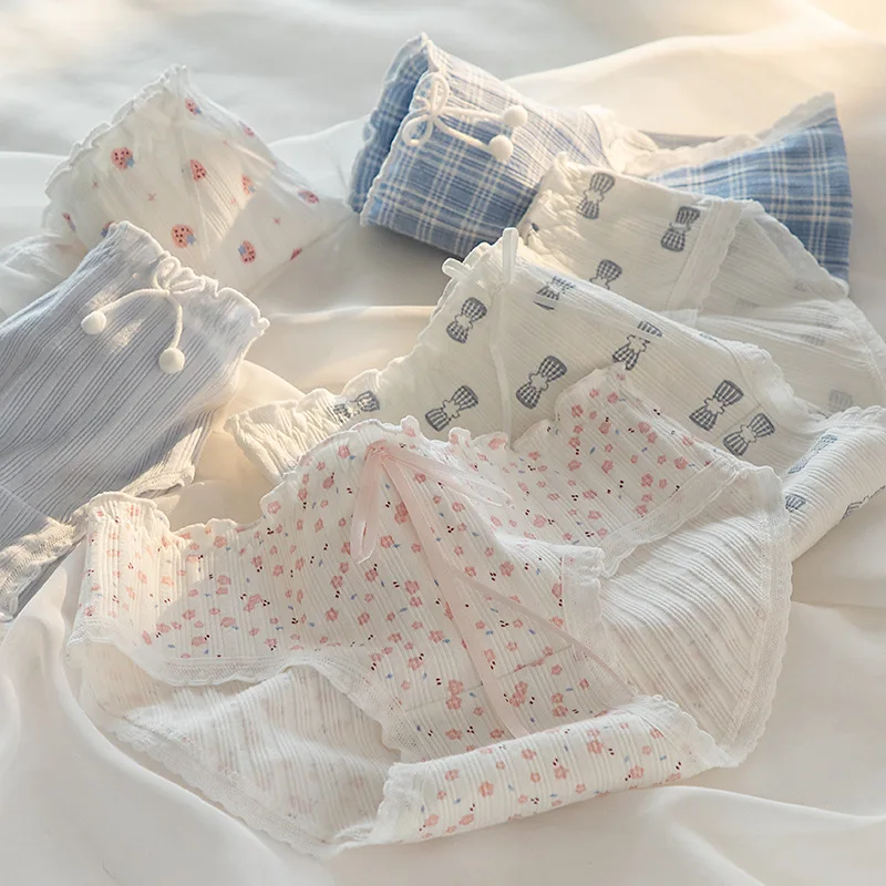 

Fashion Sweet Floral Thread Panties With Bow Women's Cotton Crotch Waist Pack Hips Student Girls Briefs Stylish Fresh Briefs