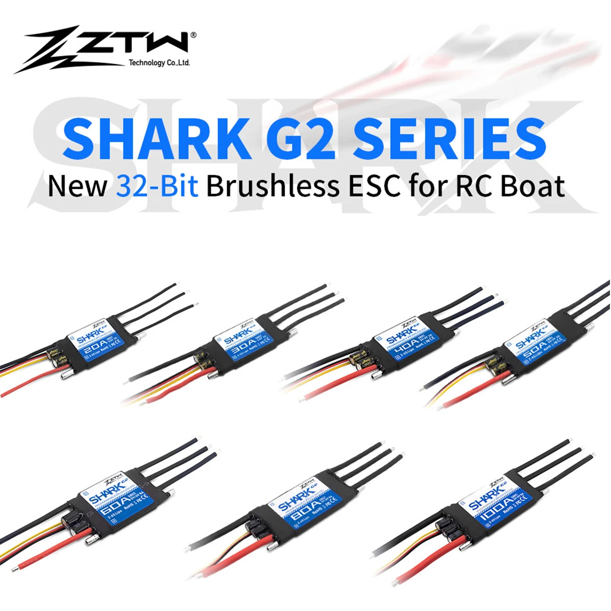 

ZTW 32-Bit ESC Shark G2 20A 30A 40A 50A 60A 80A 100A SBEC 5V/6V 8A Brushless Speed Controller for RC Boat Underwater Thruster