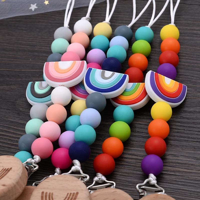 Beech Wooden Baby Pacifier Clip Handmade Cartoon Rainbow Silicone Teething Beads Infant Nipple Chain Nursing Toy Chew Gift 5