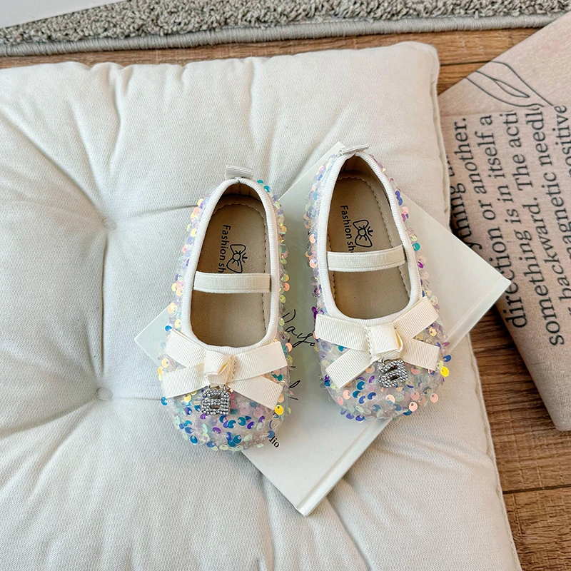 Children Lesther Shoes for Girls Spring/Summer New Single Shoe for Party Cute Korean Sequin Bow Fashionable Princess Flats