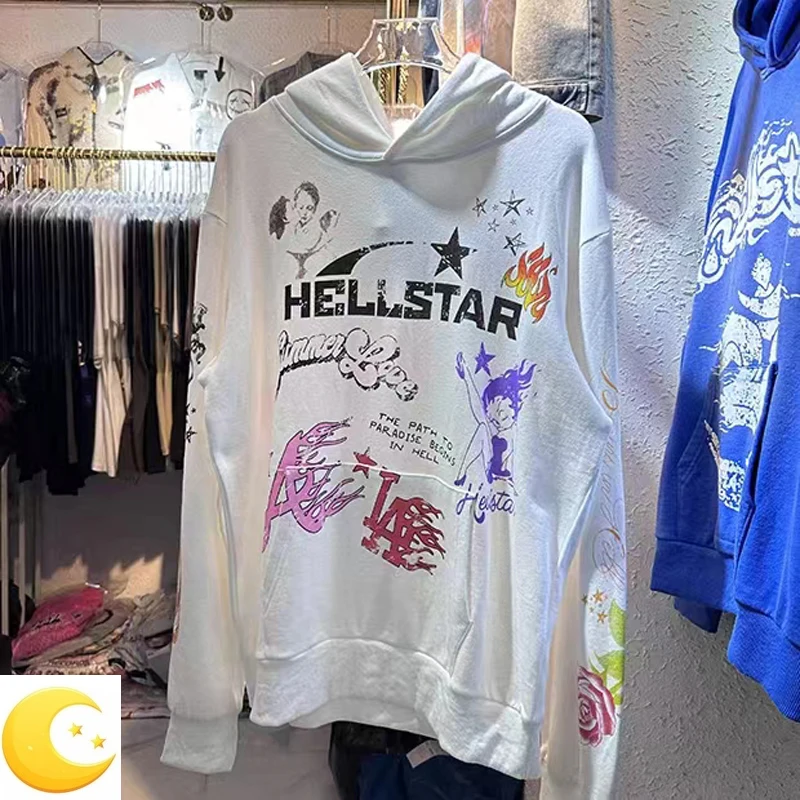 

Men Women Hellstar Hoodie High Quality Skulls Flame Print Sweatshirts Streetwear Couple Loose Vintage Casual Pullover