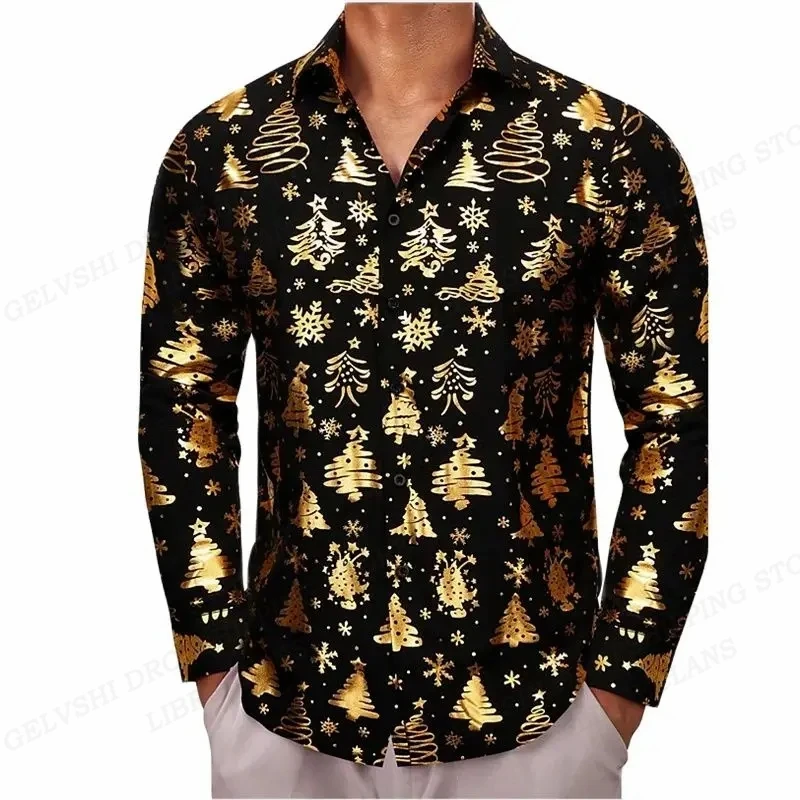 

Golden Hawaiian Shirts Men Fashion Christmas Shirt Long Sleeve Blouses Beach Blouse Single Breasted Camisas Turn Over Collar New