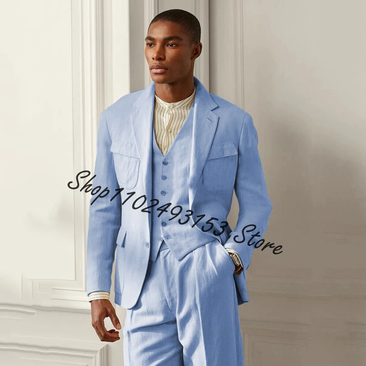 Latest Linen Men Suits Blazer Vest Pants Designs Slim Fit Notched Lapel 3 Pieces Best Men Wedding Groom Tuxedos Costume Homme