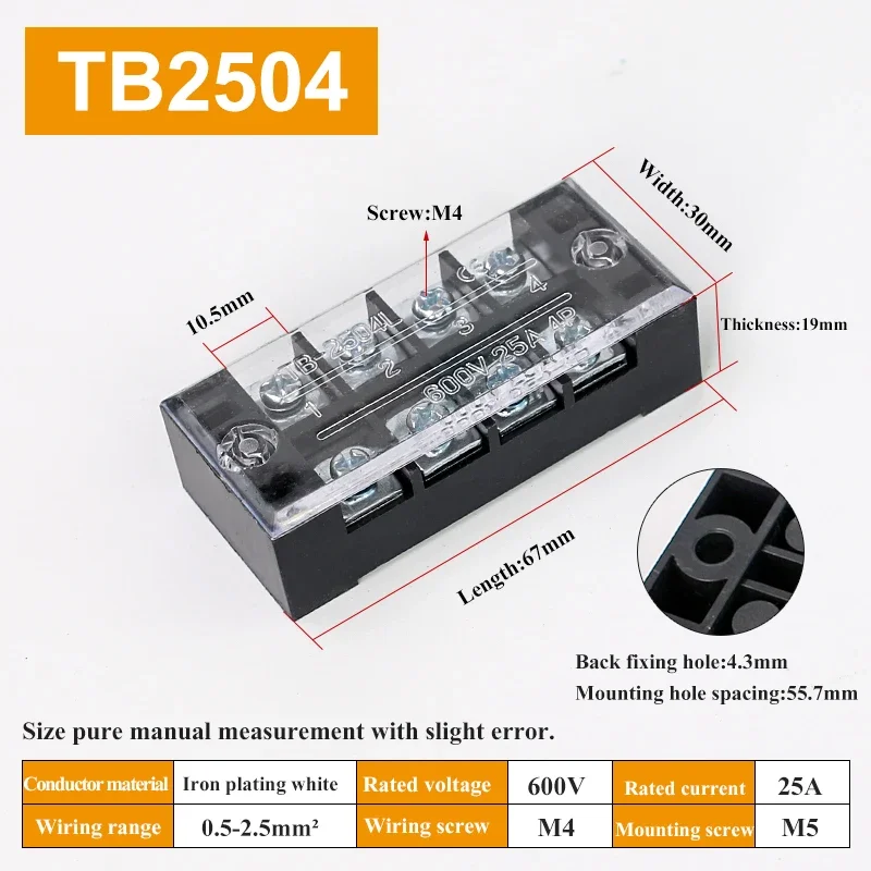 Dual Row Strip Screw Terminal Block Wire Connector, 1 Piece, Fixed Wiring Board, 15A/25A Capacity