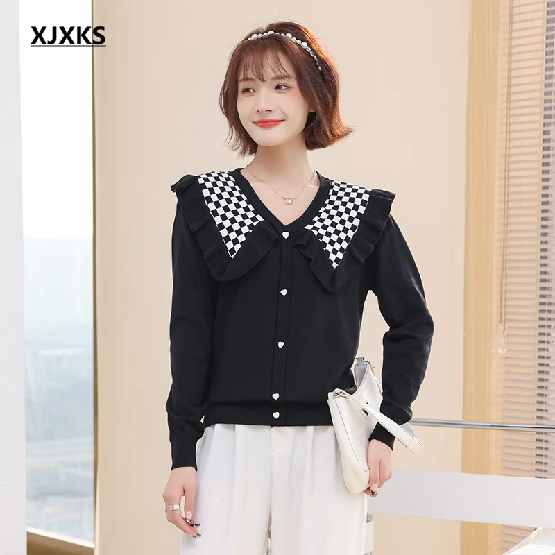 

XJXKS High Quality Fashion Large Lapel Women Thin Sweater 2022 Spring Autumn New High Quality Wool Knitted Top
