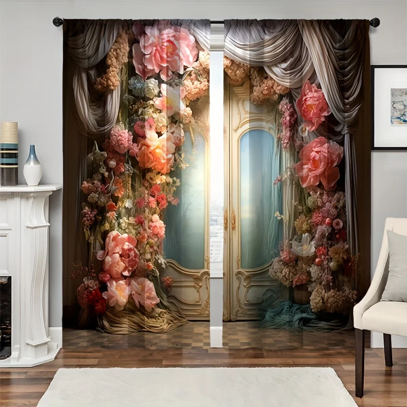 2pcs European Style Retro 3D Printed Translucent Curtains Multi-scene Polyester Rod Pocket Decorative Curtains For Living Room 4