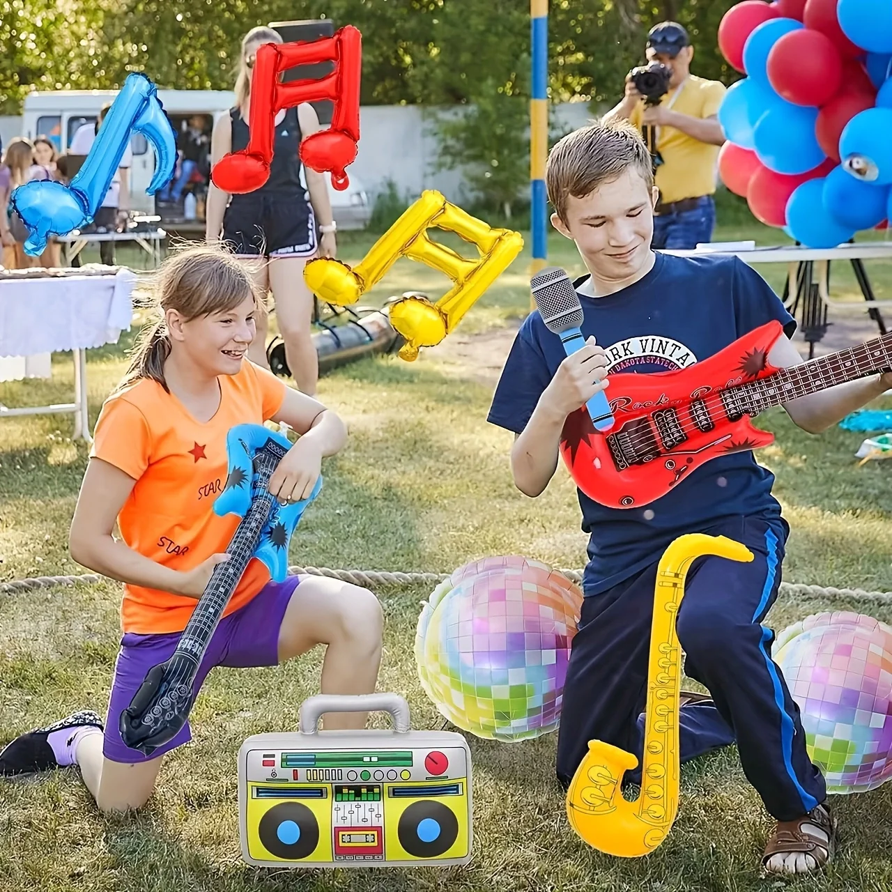 20 Pack includes 6 inflatable microphones, 4 guitars, 1 saxophone, 1 keyboard, radio, 6 glasses and pump ( random color)