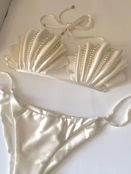 High-Grade Pearl White Bikini Women's Small Chest Push up Swimsuit Seaside Vacation 1