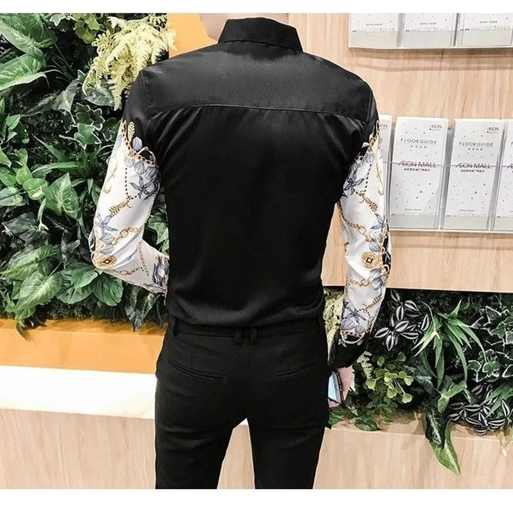 Summer Men's Fashion Long Sleeve Shirts,Lapel  Stand Collar Button Up Shirts，Mens Long Sleeve Print Shirt  Retro British Clothes