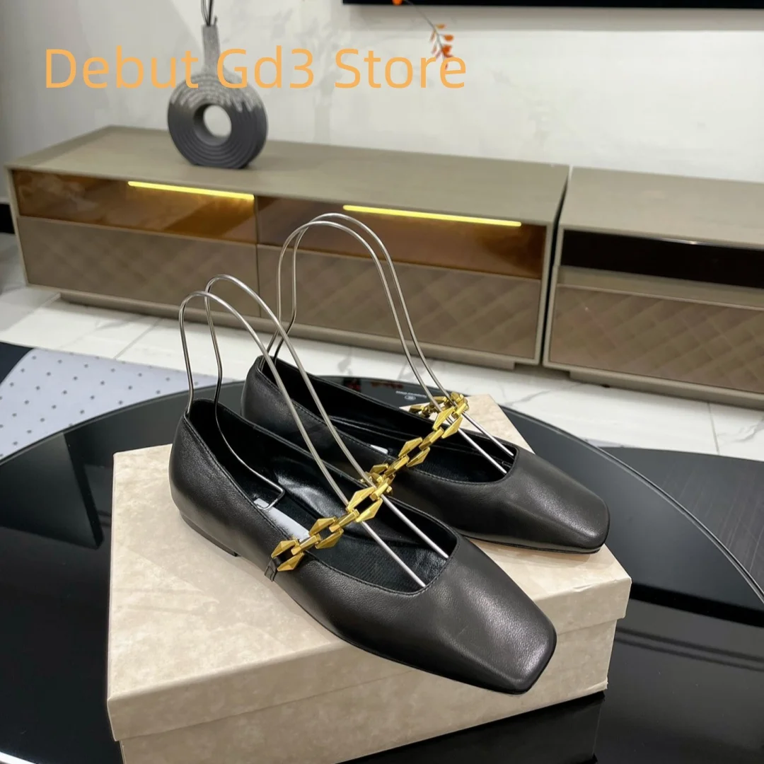 

Top quality 2024 new metal chain square toe flat sole single shoe, comfortable retro Mary Jane shoes, fashionable loafers