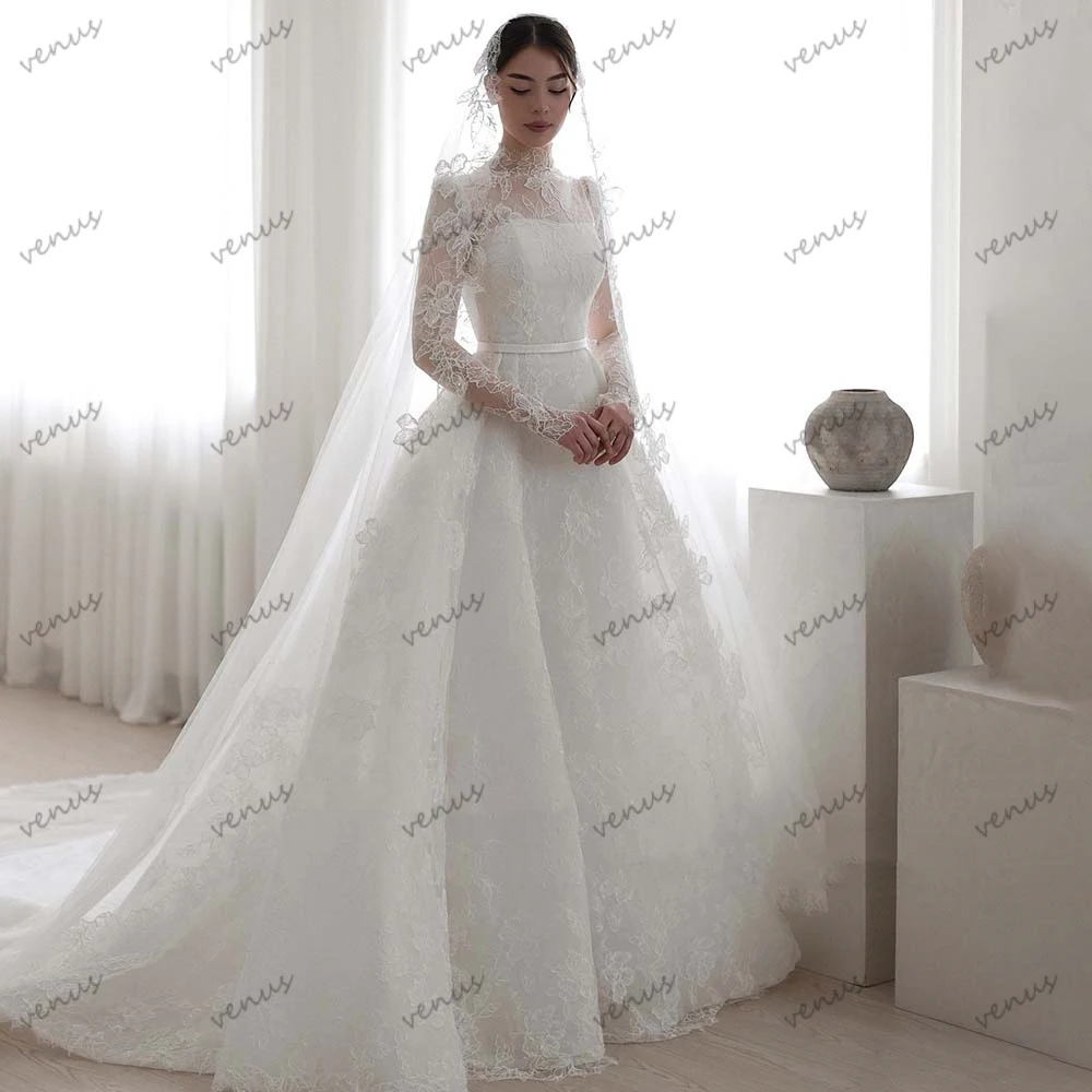 Classic Wedding Dresses Vintage Bridal Gowns Full Sleeves Robes Lace Appliques Sweep Train Graceful Vestidos De Novia Customized 3