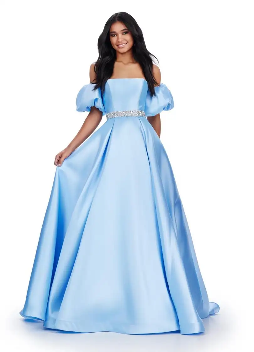 

Off The Shoulder Satin Prom Dress With Beads Strapless A Line Long Formal Evening Party Dress Open Back Graduation Ball Gown