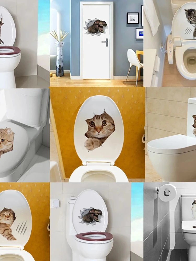 Cute Cat Broken Wall Sticker Toilet Sticker Wall Toilet Beautification Decoration Pvc Material Self Adhesive