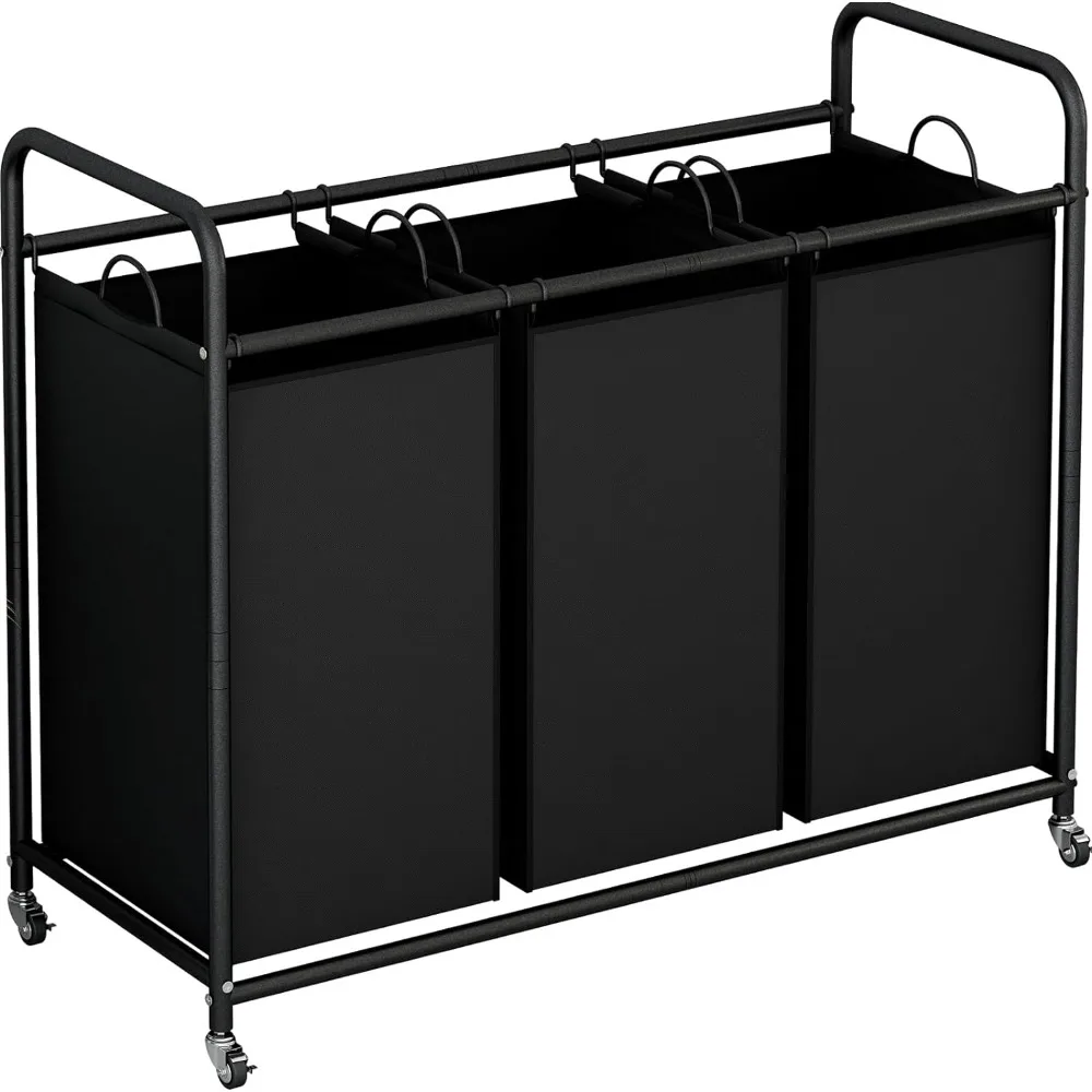 

LINZINAR 3-Bag Laundry Basket Hamper Laundry Sorter Cart laundry room organization with Heavy Duty Rolling Lockable Wheels and R