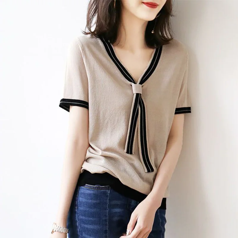 

Fashion V-Neck Knitted Spliced Loose Lace Up Blouse Female Clothing 2023 Summer New Casual Pullovers Short Sleeve Korean Shirt