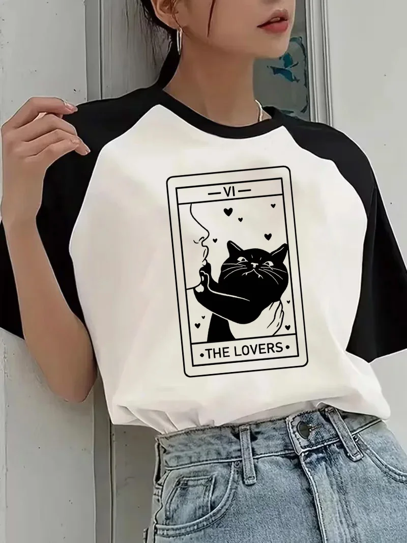 Schwarzes Katzen-T-Shirt mit Herzdesign, Lässiges Damen-Tarot-Katzen-Grafik-T-Shirt mit Liebespaar-Print, Y2k-T-Shirt Kleidung