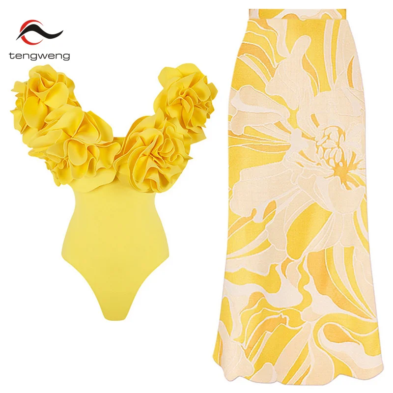 

2024 Sexy Bikini Set Women Off Shoulder High Waist Swimwear Dress Swimsuit Skirt Print Biquini Brazilian Beachwear Bathing Suit