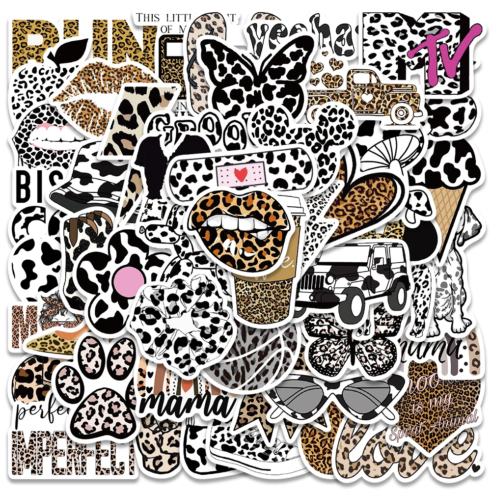 

50pcs Retro Cartoon Black and White Leopard Print Stickers For Laptop Guitar Phone Waterproof Graffiti Bicycle Car Decals