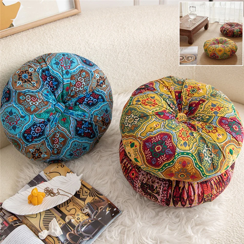 1 Pc  Round  Floor Cushion Yoga on Chair Pouf Seat Cushion Vintage Tatami Sofa Thick Print Meditation Pillow 방석 /쿠션