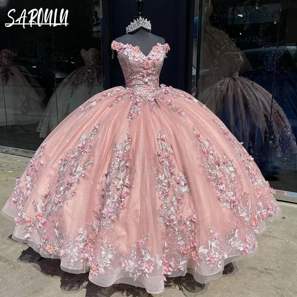 Pink 3D Floral Appliques 2024 Quinceanera Dress Elegant Ball Gown Bride Robe Sweet Sequins Bridal Dresses Vestidos De Novia
