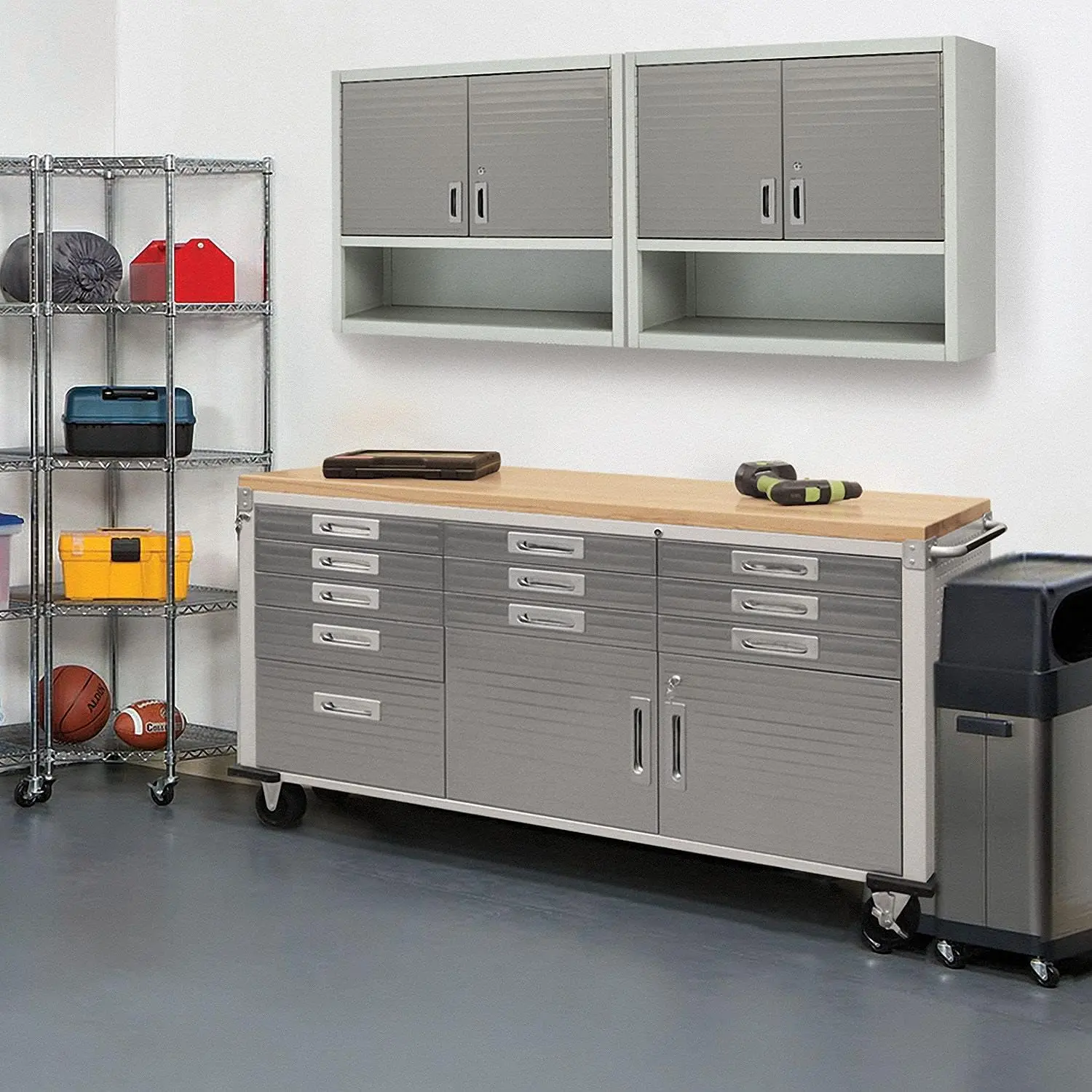 Heavy Duty Rolling Cabinet Workbench Table with Solid Wood Top Workstation for Garage Warehouse Office Workshop 6