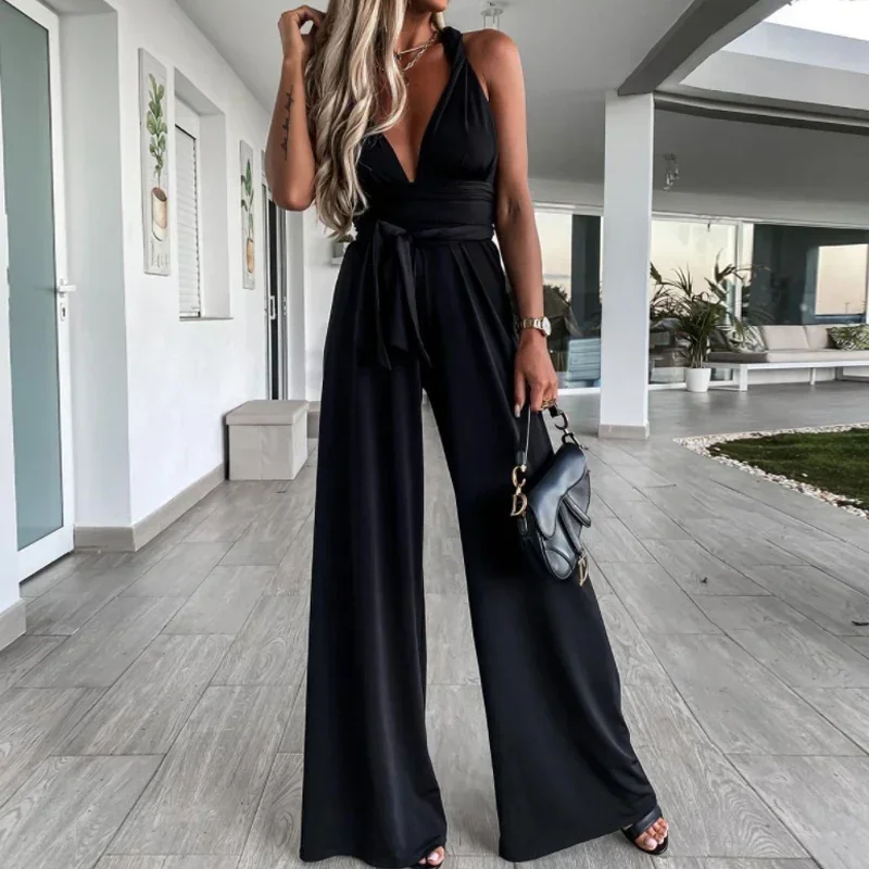 2024 New Women Hollow Out Strappy Jumpsuit Elegant V-Neck Sexy Bodysuit Romper Casual Fashion Solid Color Summer Jumpsuit OFE01 fashion women s swimwear playsuit 2024 sexy sleeveless halter tie hollow out tie dye gradient printed wide legs shorts jumpsuit