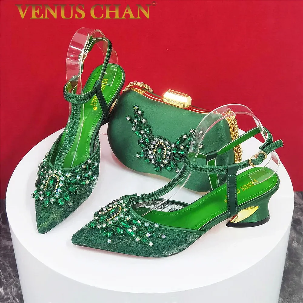 

Venus Chan, новейшие зеленые туфли-лодочки на высоком каблуке, украшенные искусственными цветами, итальянский дизайн, женская обувь и сумки в комплекте