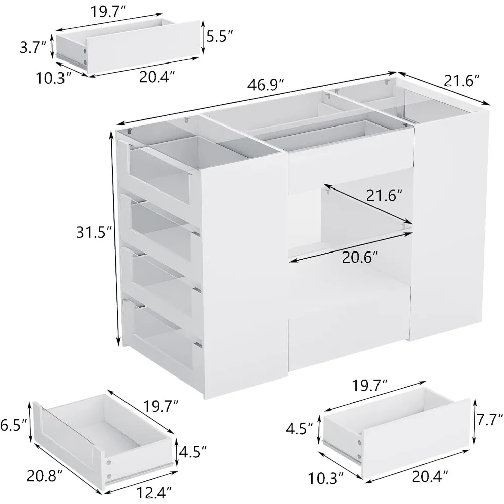 Closet Island with Drawers, Wardrobe Armoire Bedroom Island, Glass Display Shelf & 12 Drawers, White Dresser with Glass Top, Wal 2