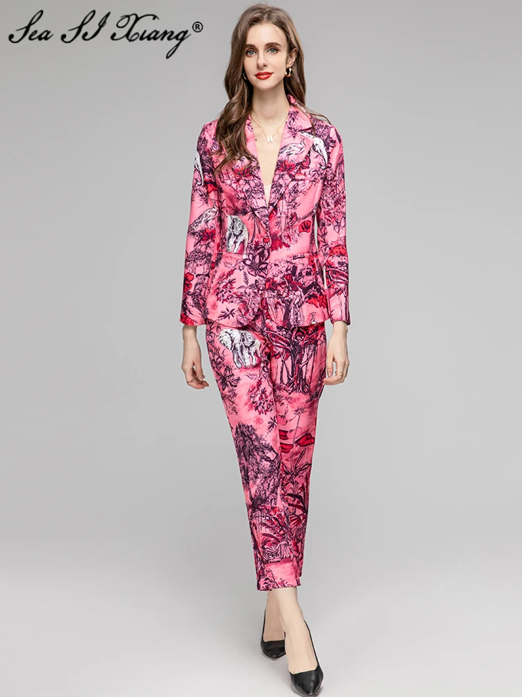 

Seasixiang Fashion Designer Early Autumn Suit Women Notched Long Sleeve Pockets Jacket + Pencil Pants Vintage Print 2 Pieces Set