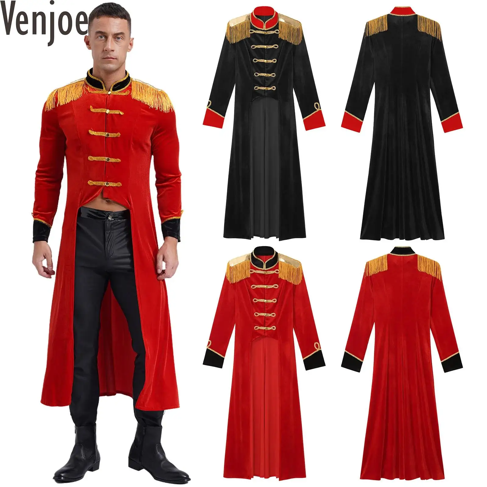 

Mens Circus Ringmaster Halloween Cosplay Costumes Soft Velvet Long Tailcoat Fringe Shoulder Boards Renaissance Gothic Jackets